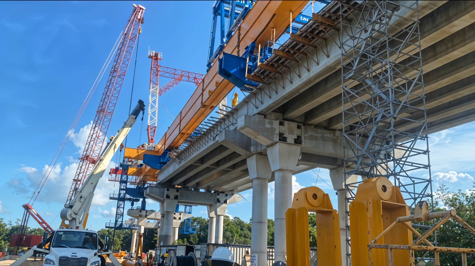 Montaje de trabes con viga lanzadora sobre el viaducto